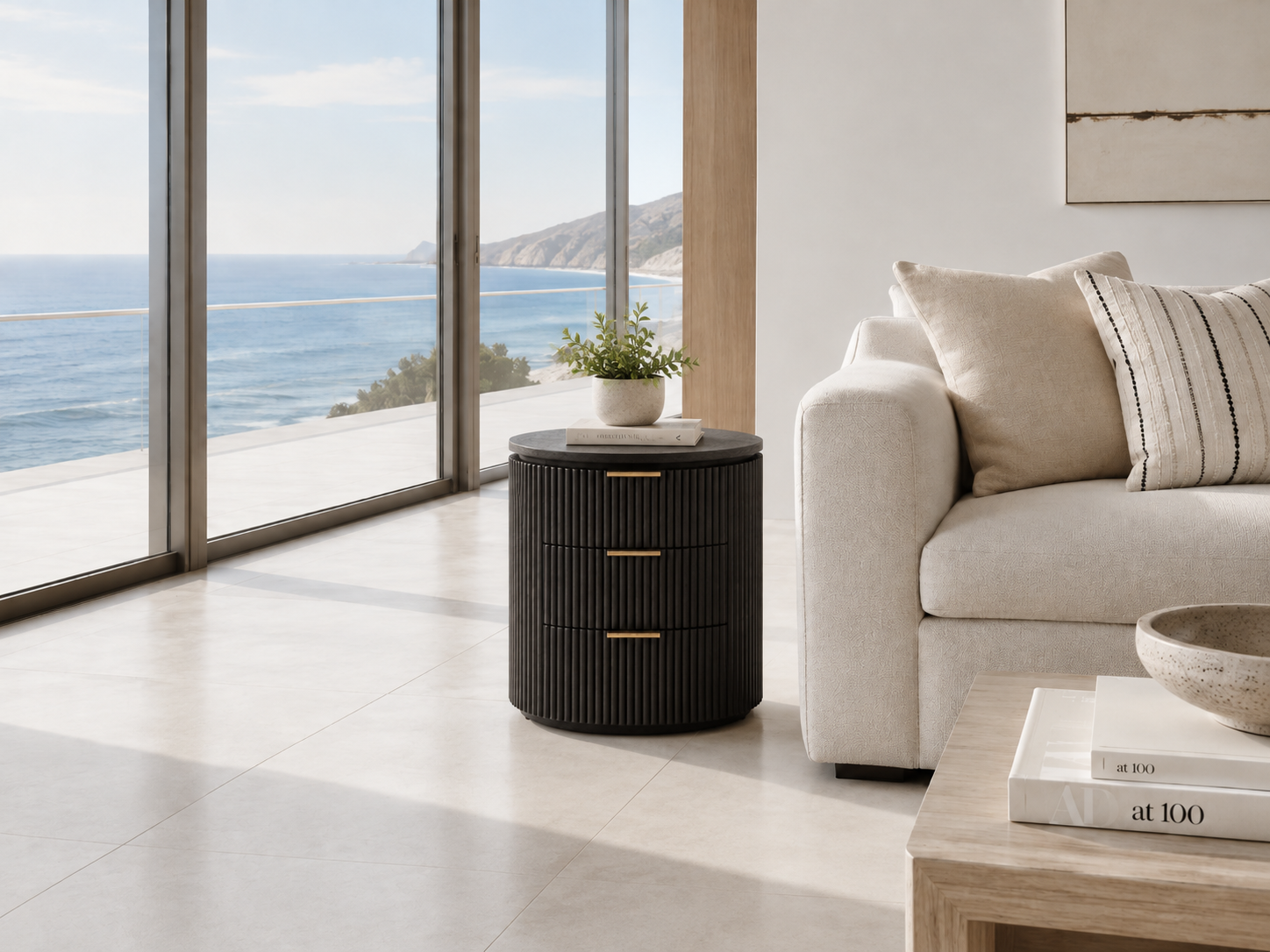 Noir 66cm Three-Drawer Fluted White Oak Bedside Table - Image 5