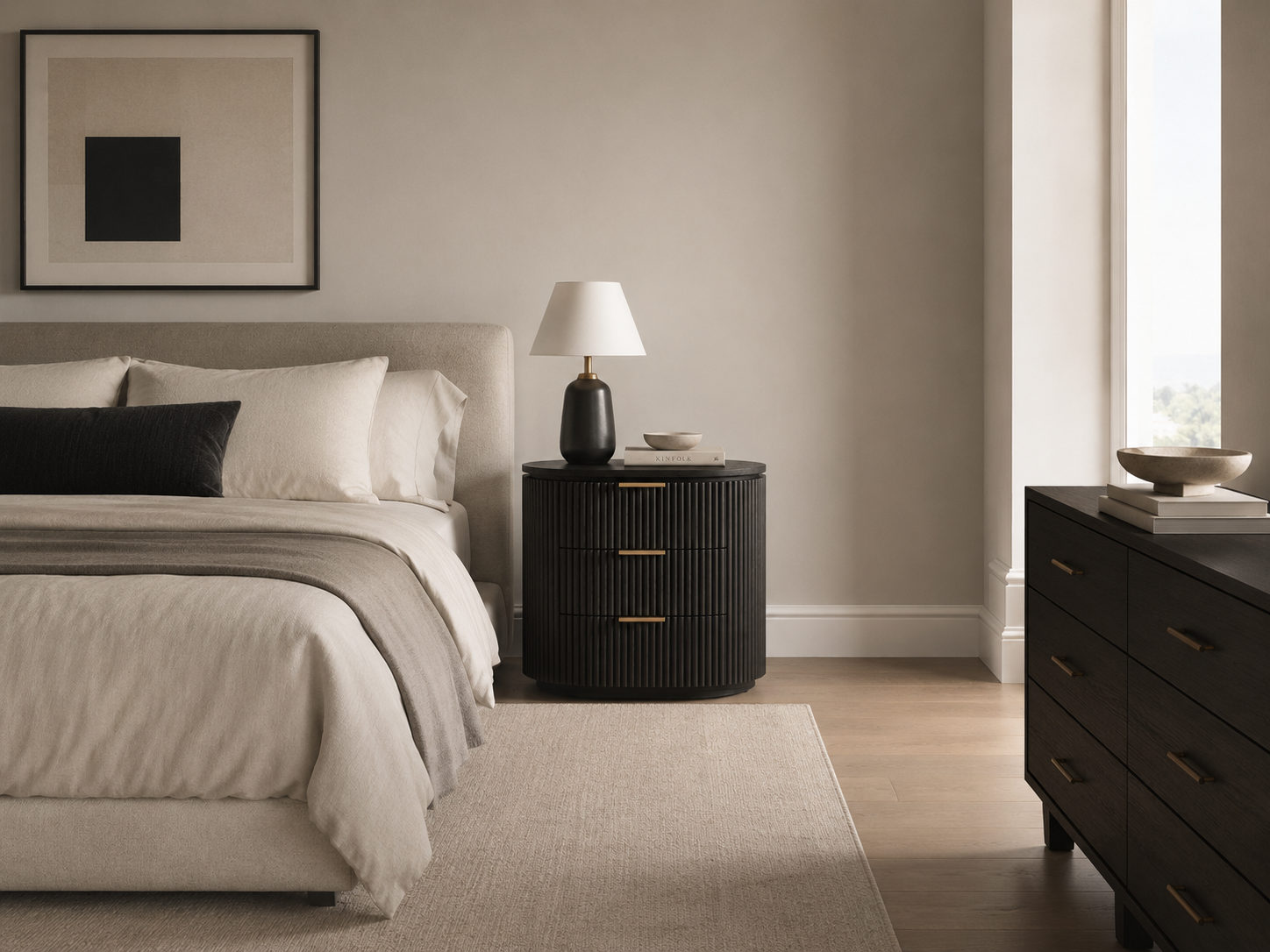 Noir 66cm Three-Drawer Fluted White Oak Bedside Table - Image 4