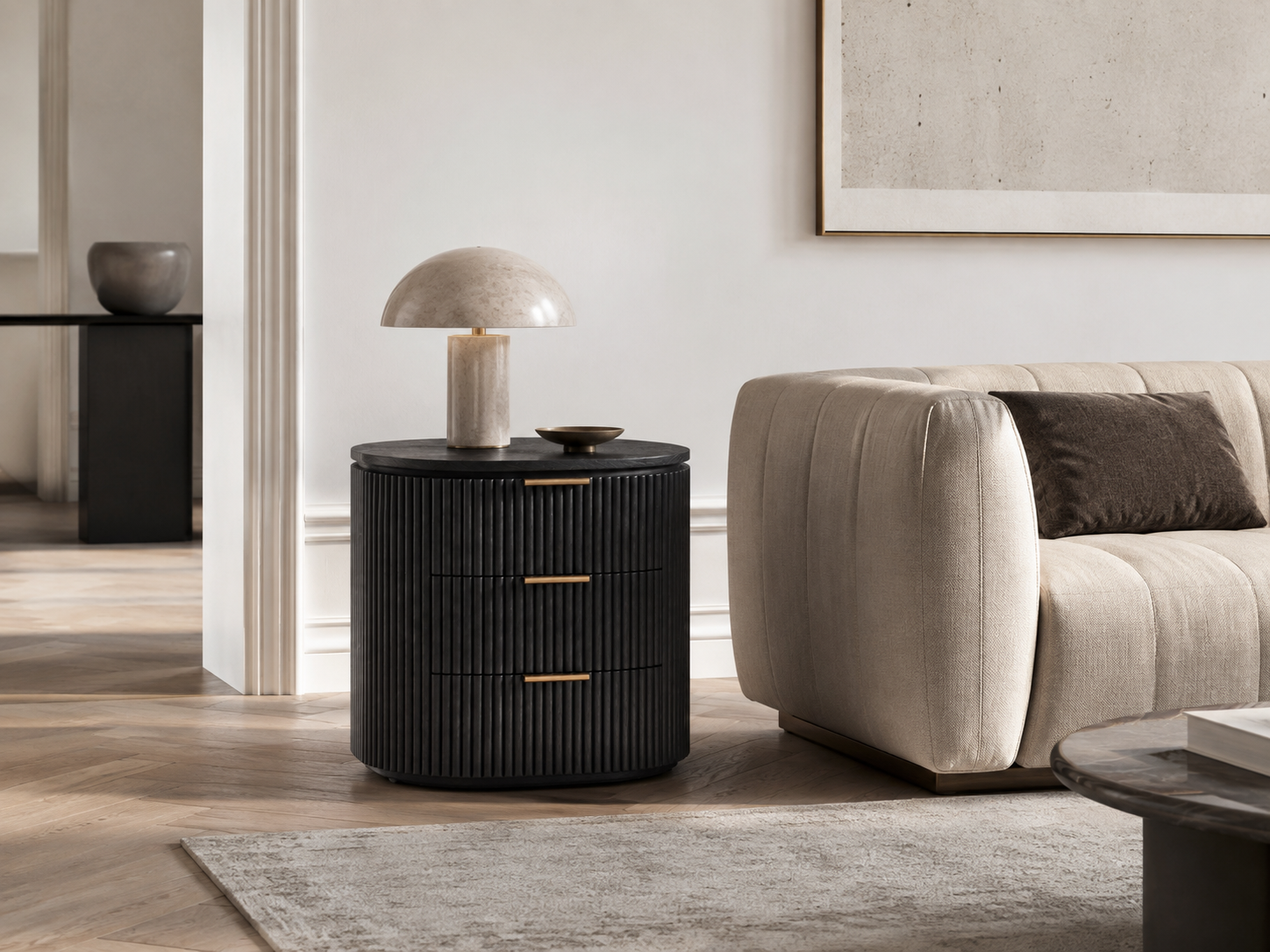 Noir 66cm Three-Drawer Fluted White Oak Bedside Table - Image 6