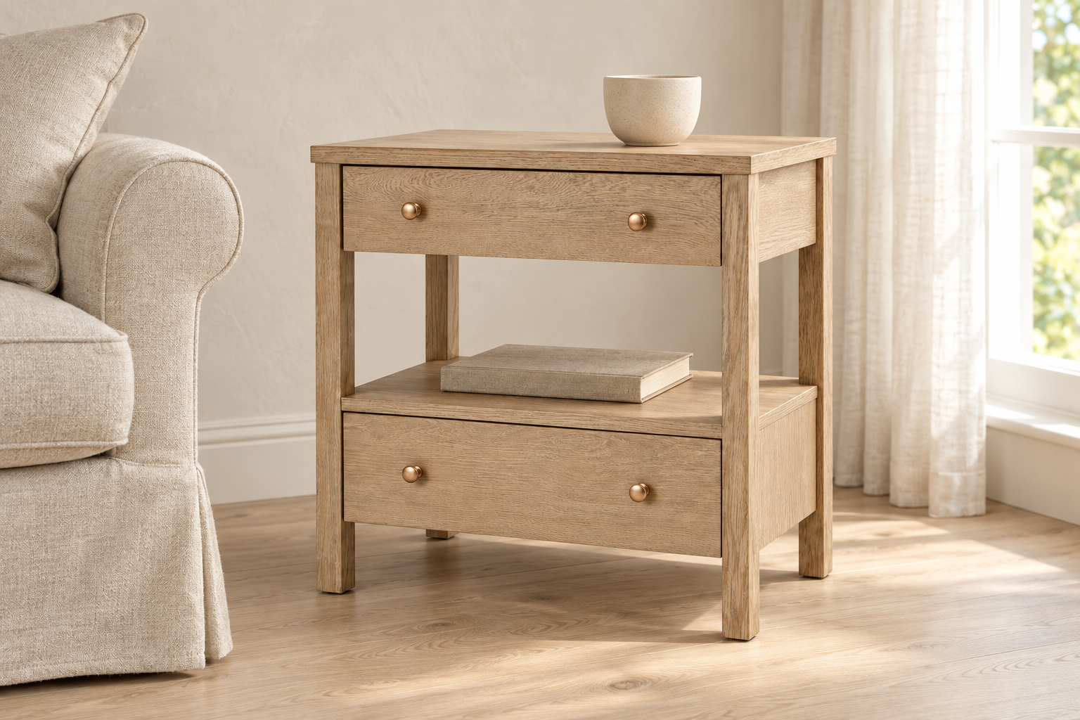 Ashcombe 71cm White Oak Bedside Table - Image 3